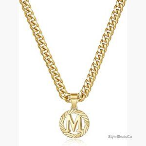 14K Gold Plated Initial Pendant Necklace with 5mm Cuban Chain